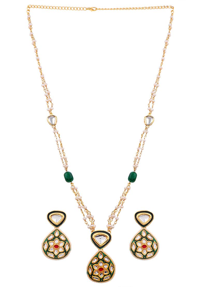 22Kt Gold Plated Green Jadau Kundan Pearl Chain Necklace Set