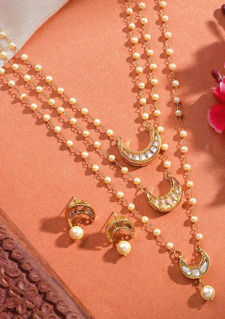 22Kt Gold Plated Multi Layered Crescent Moon Necklace Set - Indya