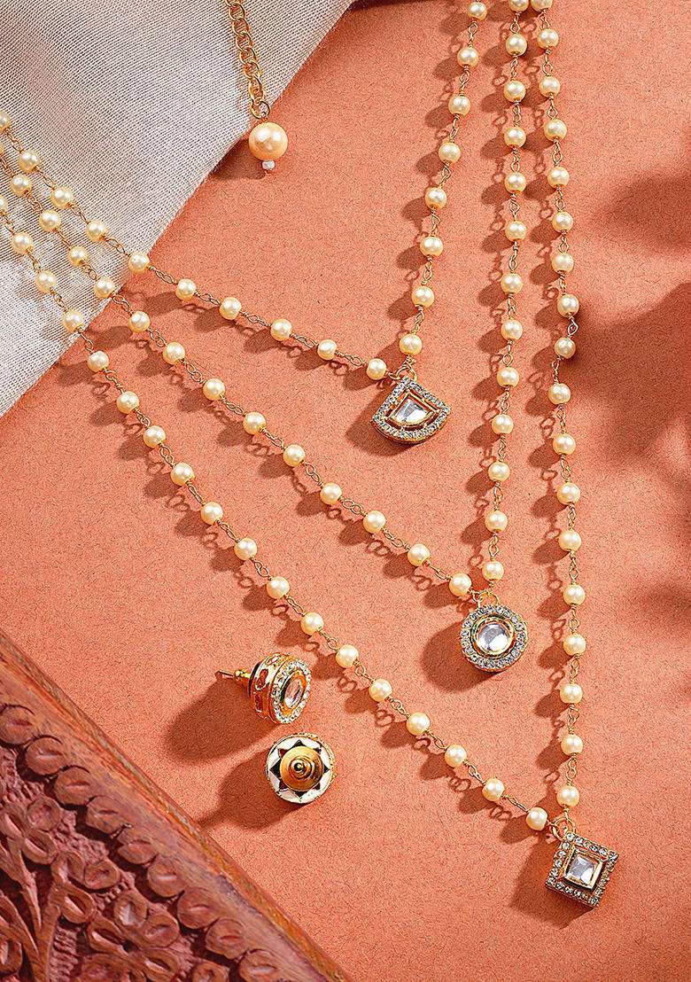 22Kt Gold Plated Geometric Multistring Necklace Set - Indya