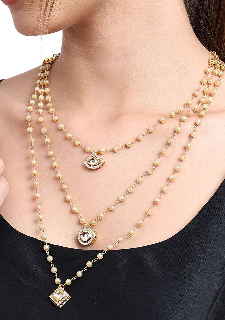 22Kt Gold Plated Geometric Multistring Necklace Set - Indya