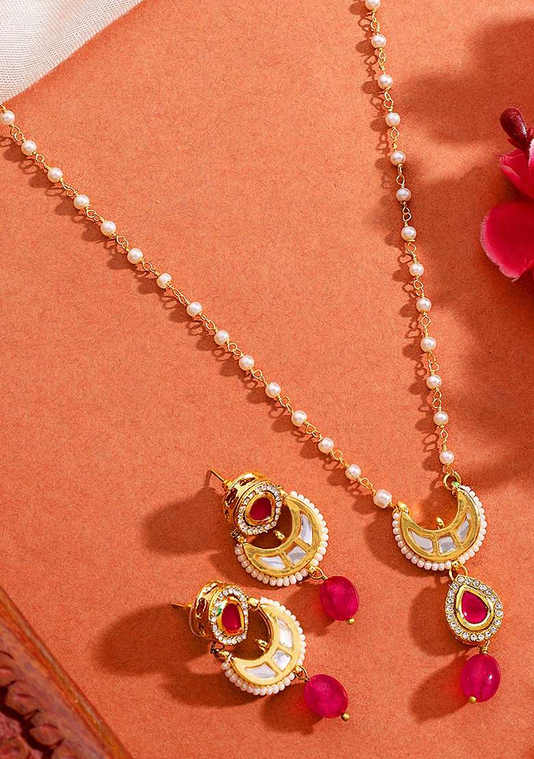 22Kt Gold Plated Blush Moon Pearl Chain Necklace Set - Indya