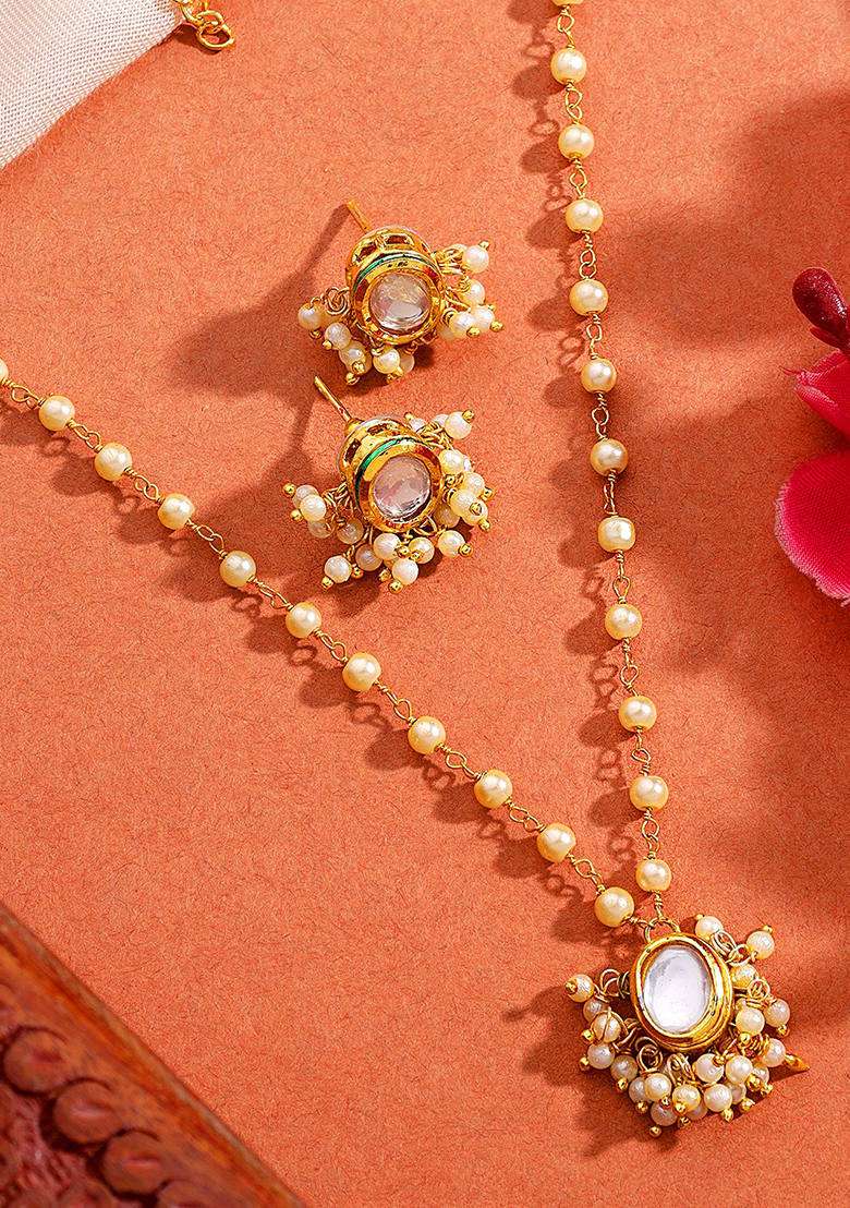 22Kt Gold Plated Oval Kundan Pearl Chain Necklace Set - Indya