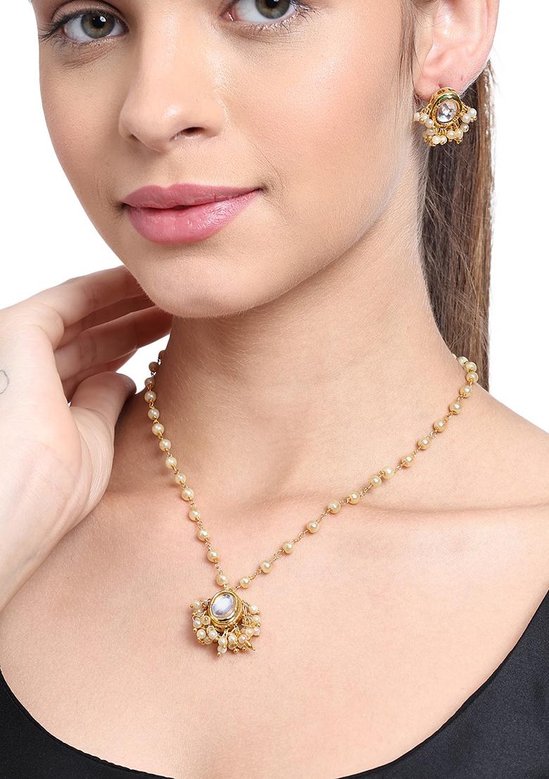 22Kt Gold Plated Oval Kundan Pearl Chain Necklace Set