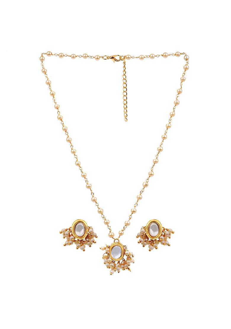 22Kt Gold Plated Oval Kundan Pearl Chain Necklace Set - Indya