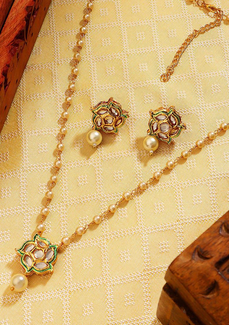 22Kt Gold Plated Floral Kundan Pearl Chain Necklace Set
