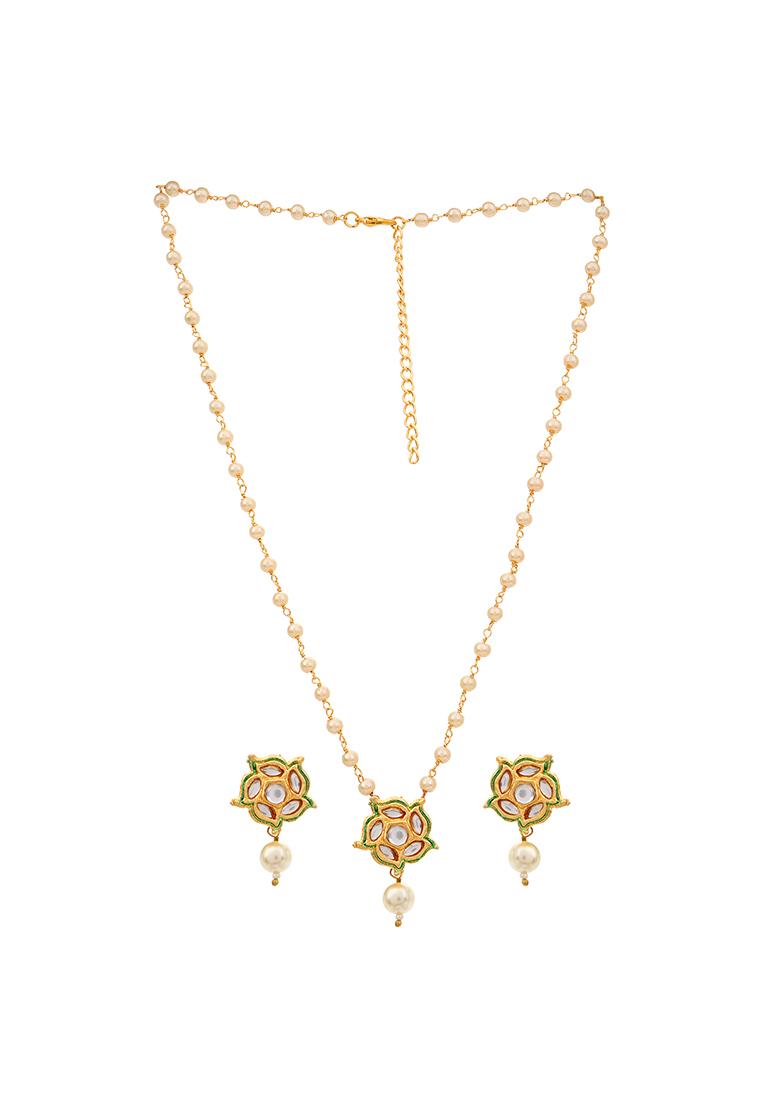 22Kt Gold Plated Floral Kundan Pearl Chain Necklace Set