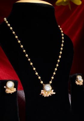 22Kt Gold Plated Round Kundan Pearl Chain Necklace Set