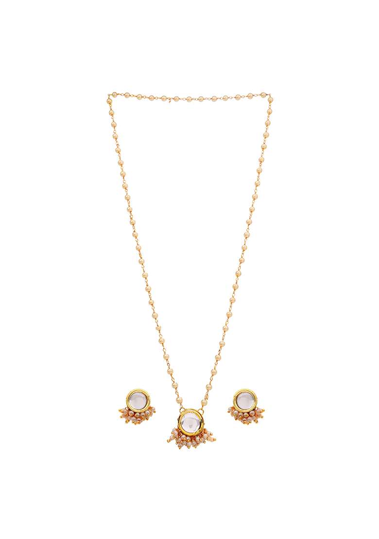 22Kt Gold Plated Round Kundan Pearl Chain Necklace Set - Indya