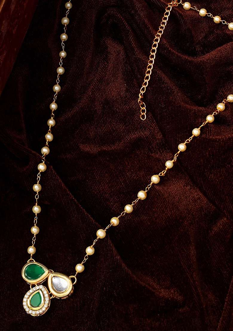 22Kt Gold Plated 3 Petal Green Pearl Chain Necklace Set - Indya