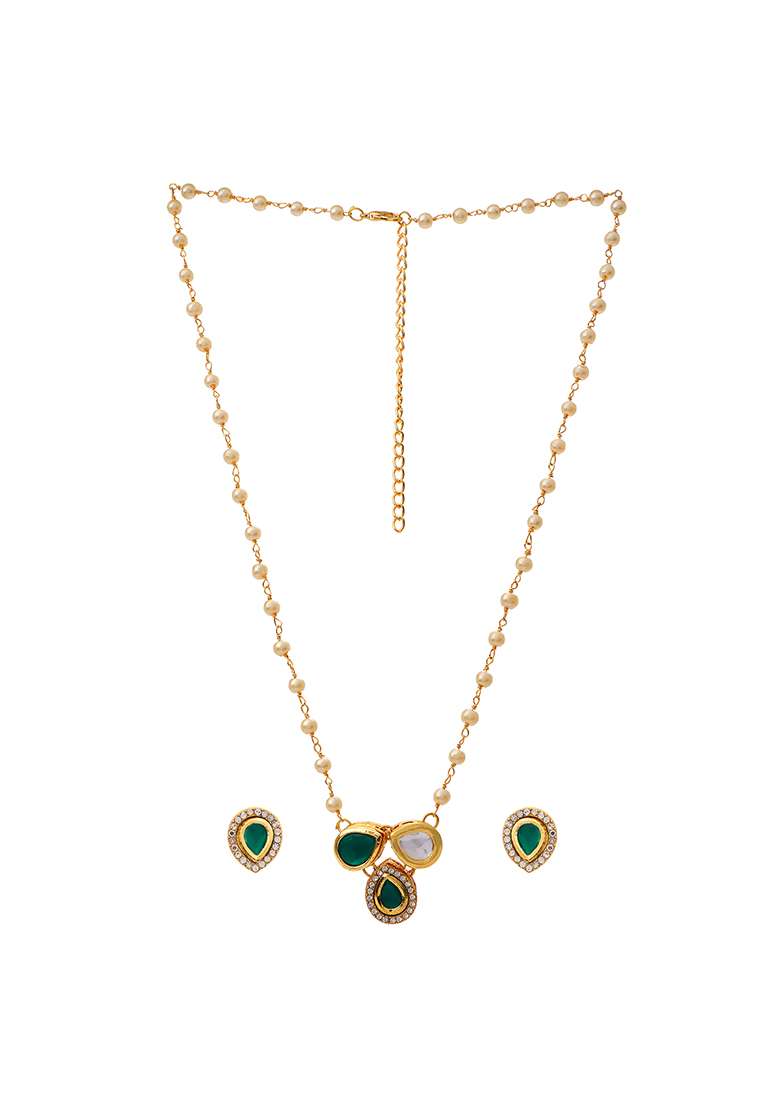 22Kt Gold Plated 3 Petal Green Pearl Chain Necklace Set - Indya