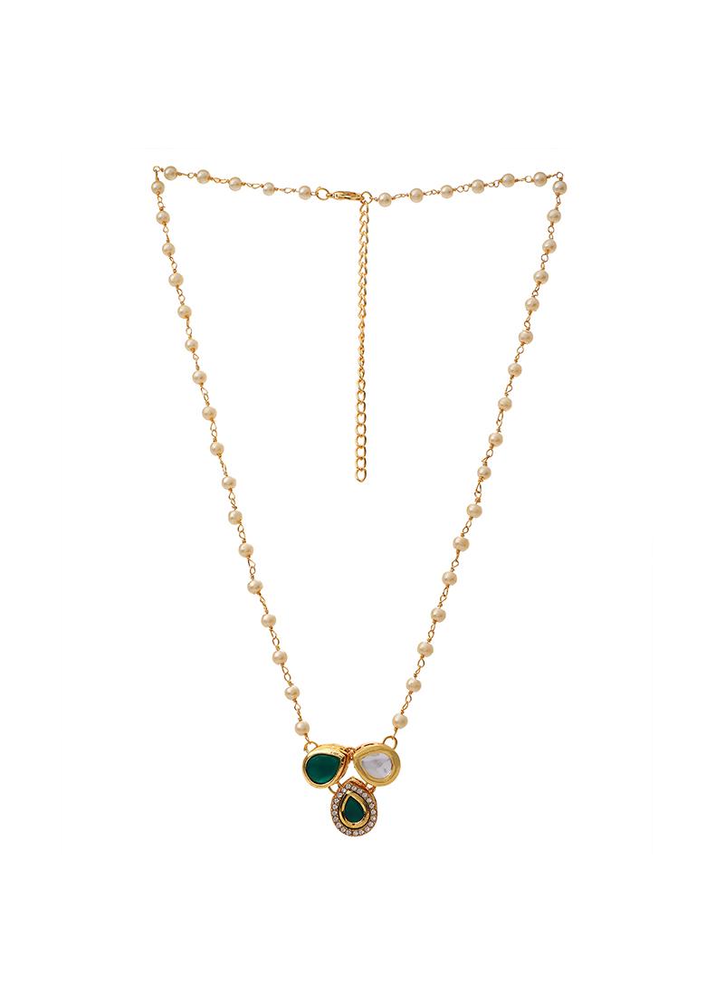 22Kt Gold Plated 3 Petal Green Pearl Chain Necklace Set