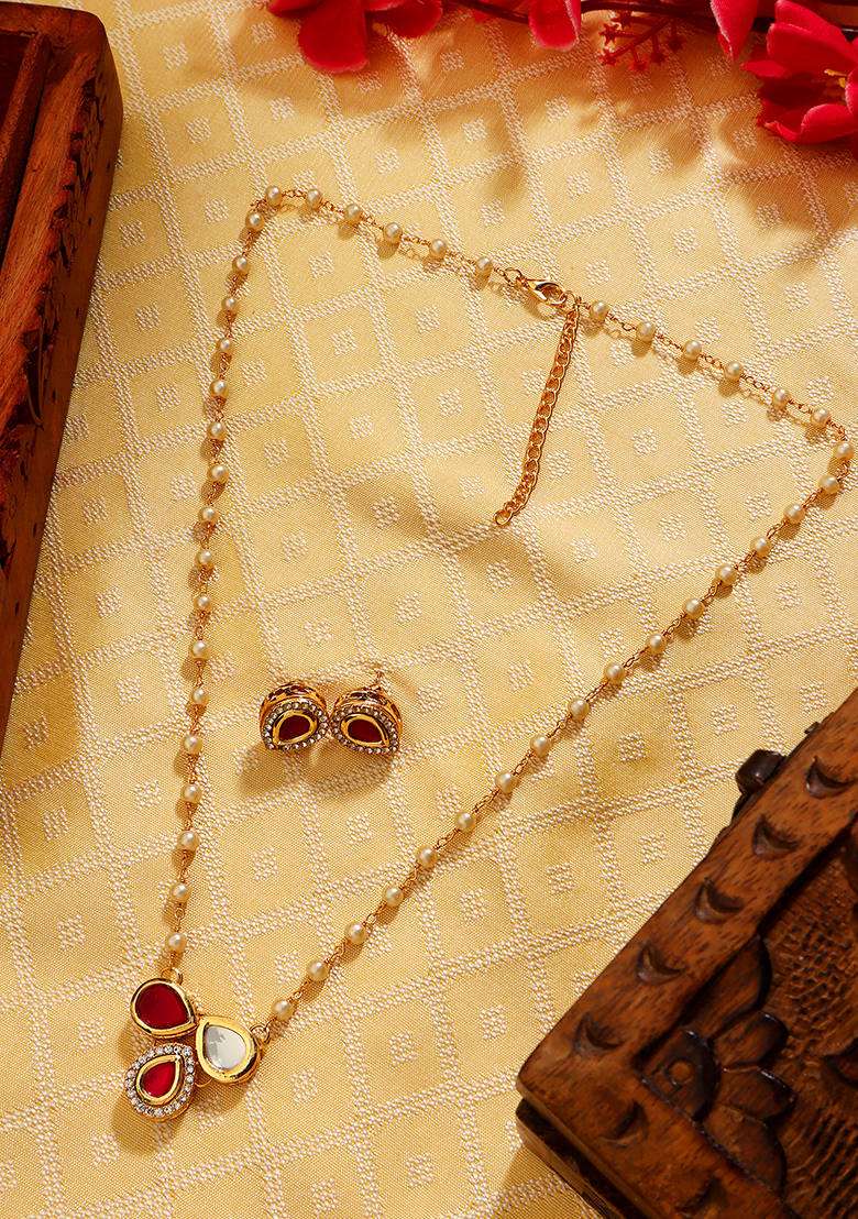 22Kt Gold Plated 3 Petal Pink Pearl Chain Necklace Set - Indya