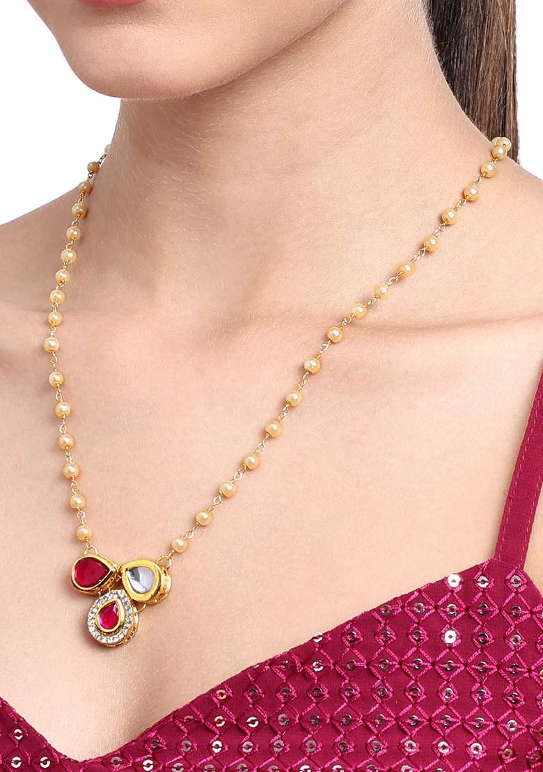 22Kt Gold Plated 3 Petal Pink Pearl Chain Necklace Set - Indya