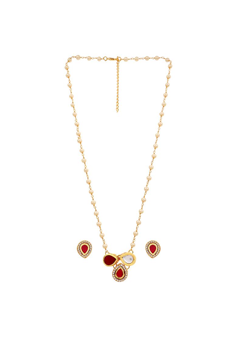 22Kt Gold Plated 3 Petal Pink Pearl Chain Necklace Set