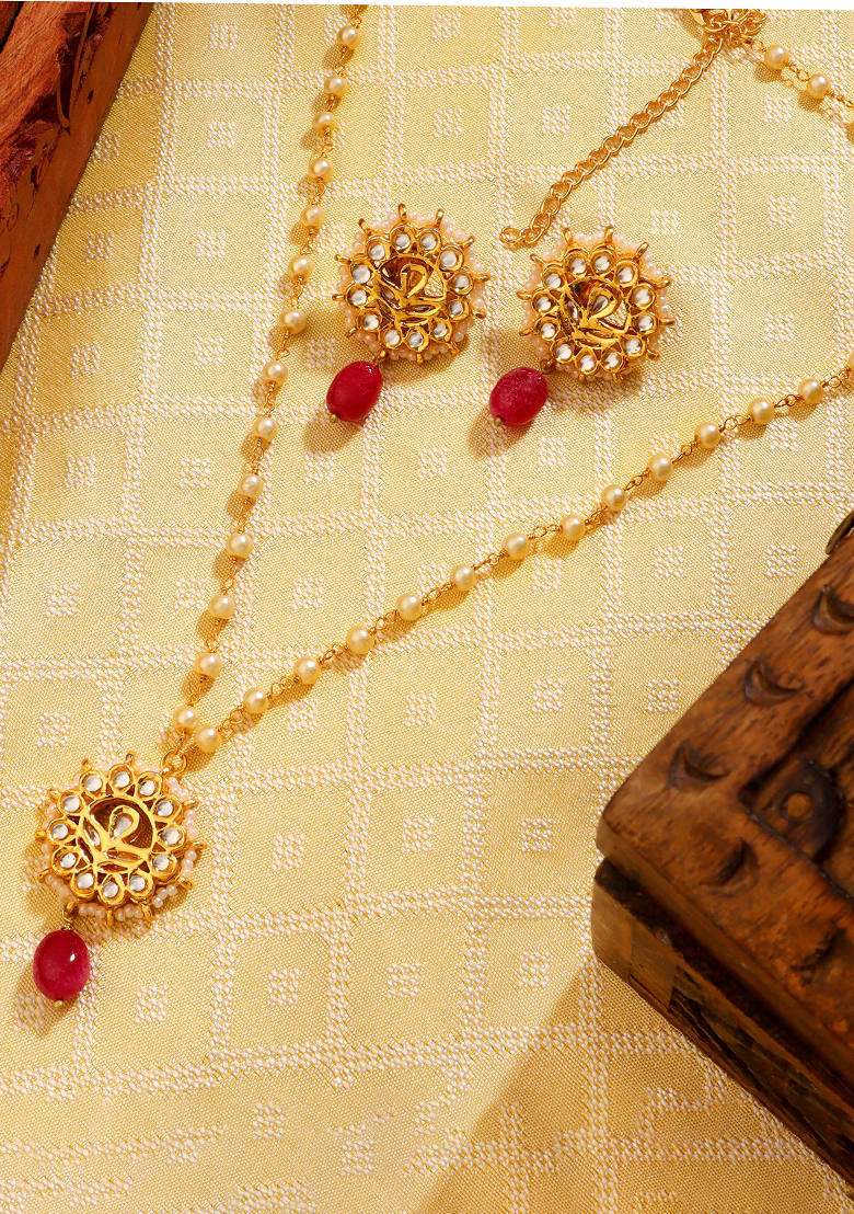  22Kt Gold Plated Red Blossom Pearl Chain Necklace Set - Indya