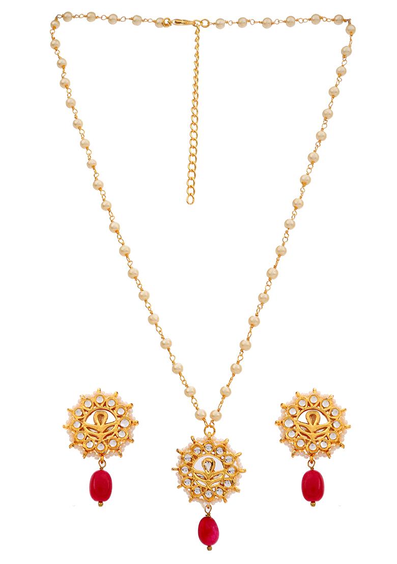  22Kt Gold Plated Red Blossom Pearl Chain Necklace Set