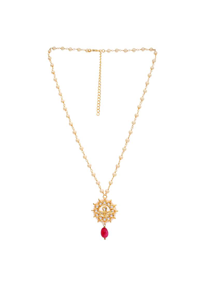  22Kt Gold Plated Red Blossom Pearl Chain Necklace Set - Indya