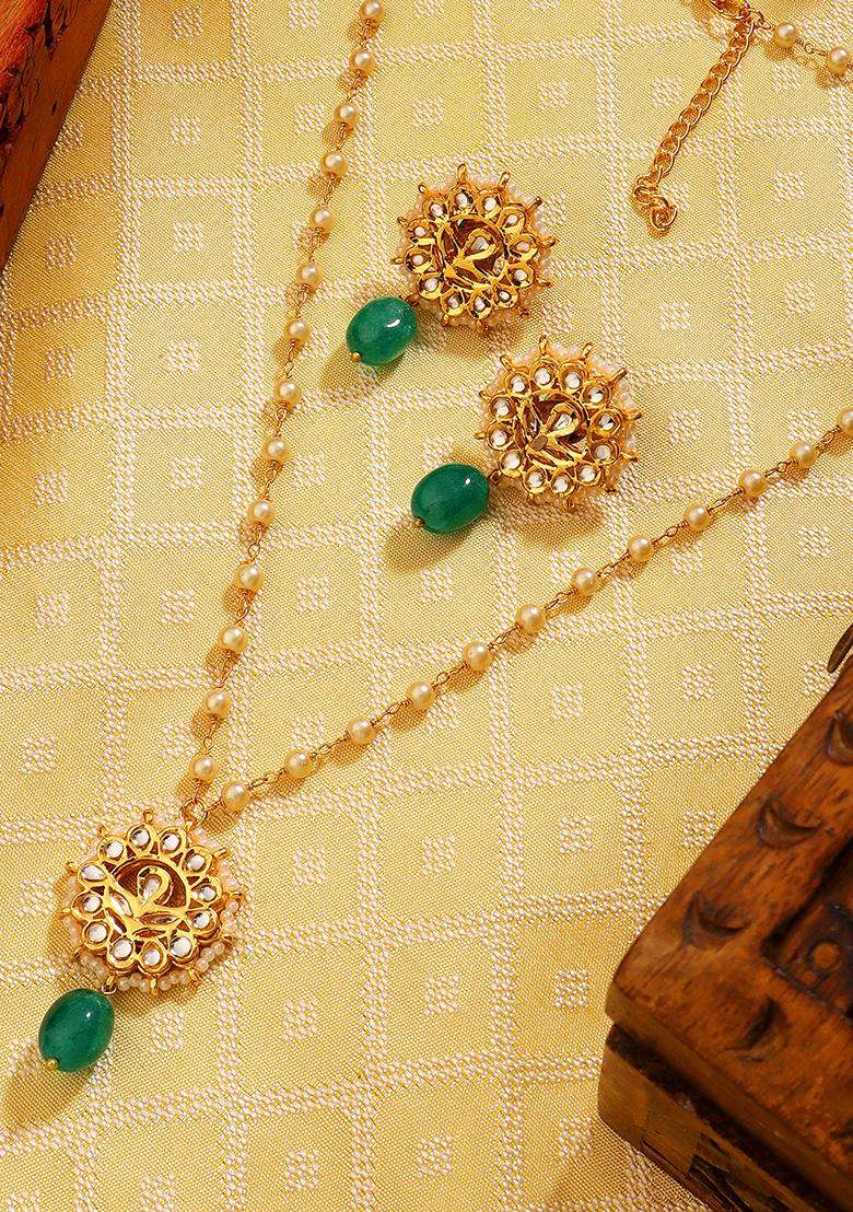 22Kt Gold Plated Green Blossom Pearl Chain Necklace Set - Indya