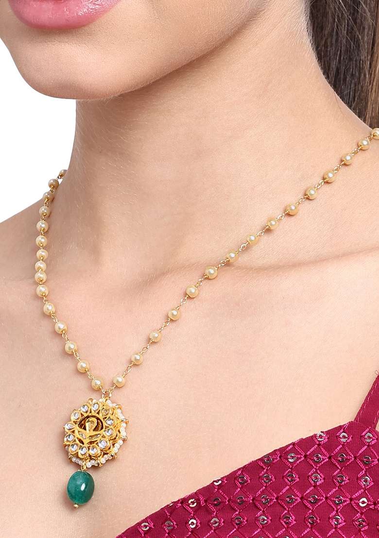 22Kt Gold Plated Green Blossom Pearl Chain Necklace Set - Indya