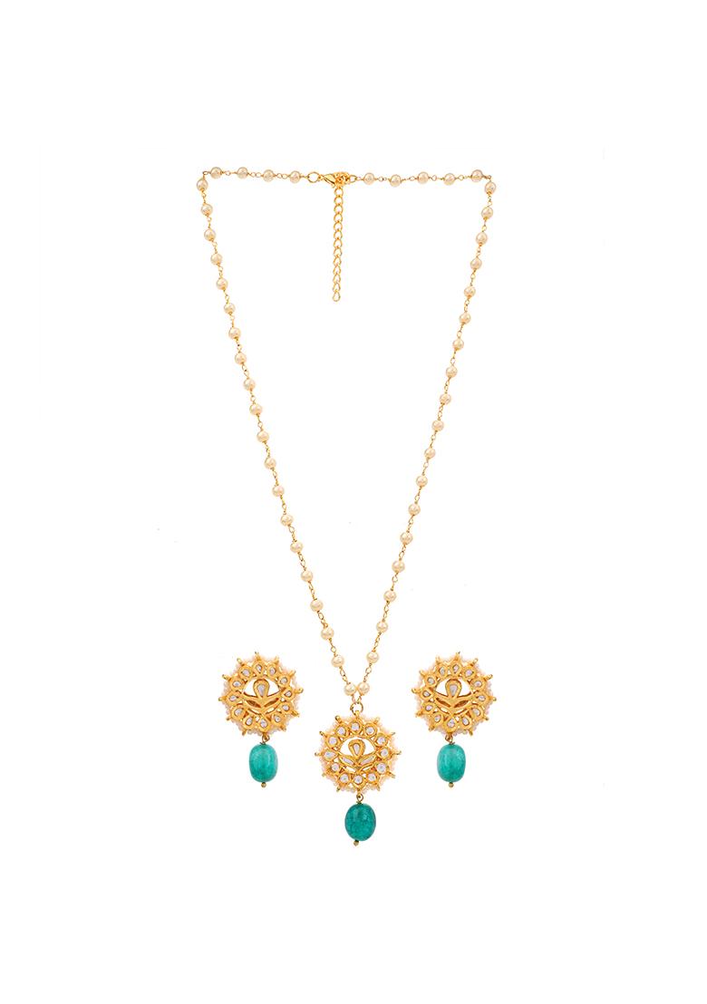 22Kt Gold Plated Green Blossom Pearl Chain Necklace Set
