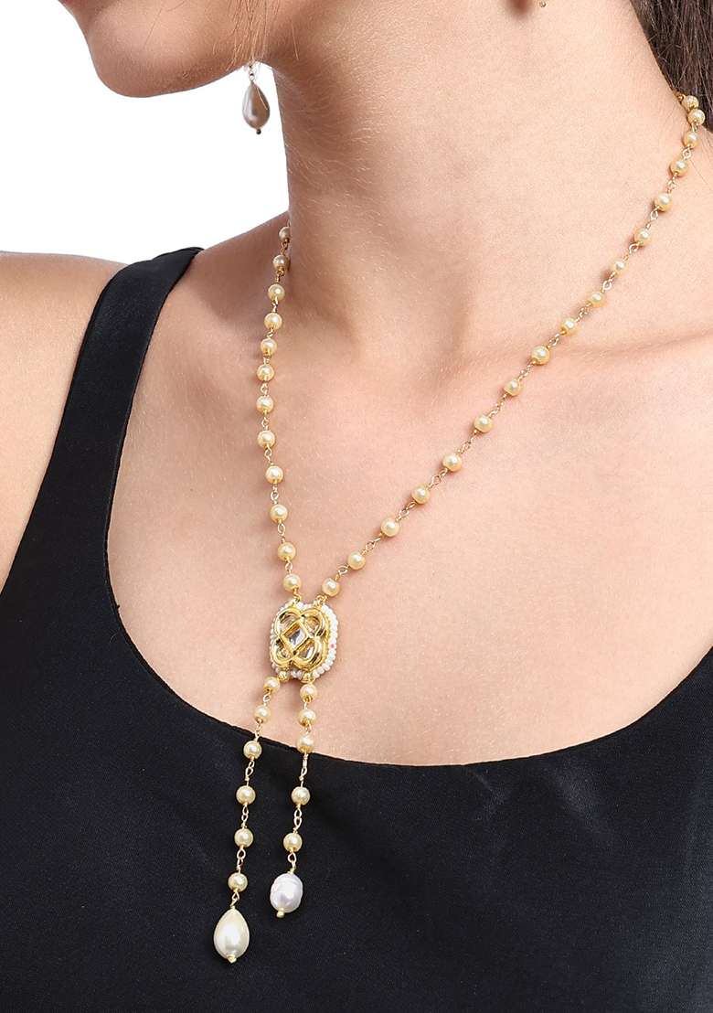 22Kt Gold Plated Charmed Pearl Chain Necklace Set - Indya