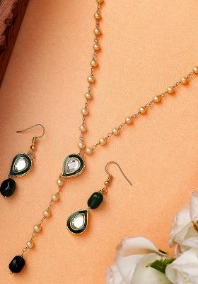 22Kt Gold Plated Green Enamel Kundan Pearl Chain Set 