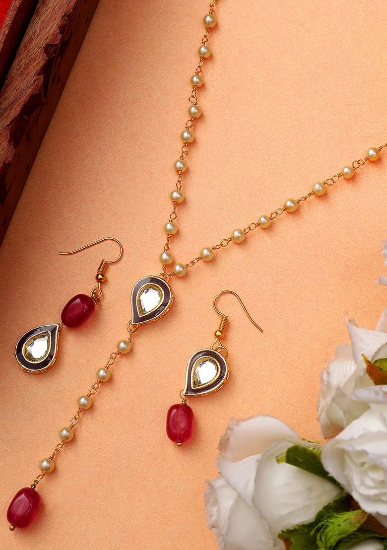 22Kt Gold Plated Purple Enamel Kundan Pearl Chain Set  - Indya