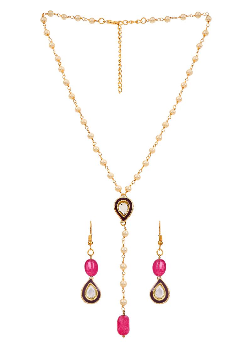 22Kt Gold Plated Purple Enamel Kundan Pearl Chain Set 