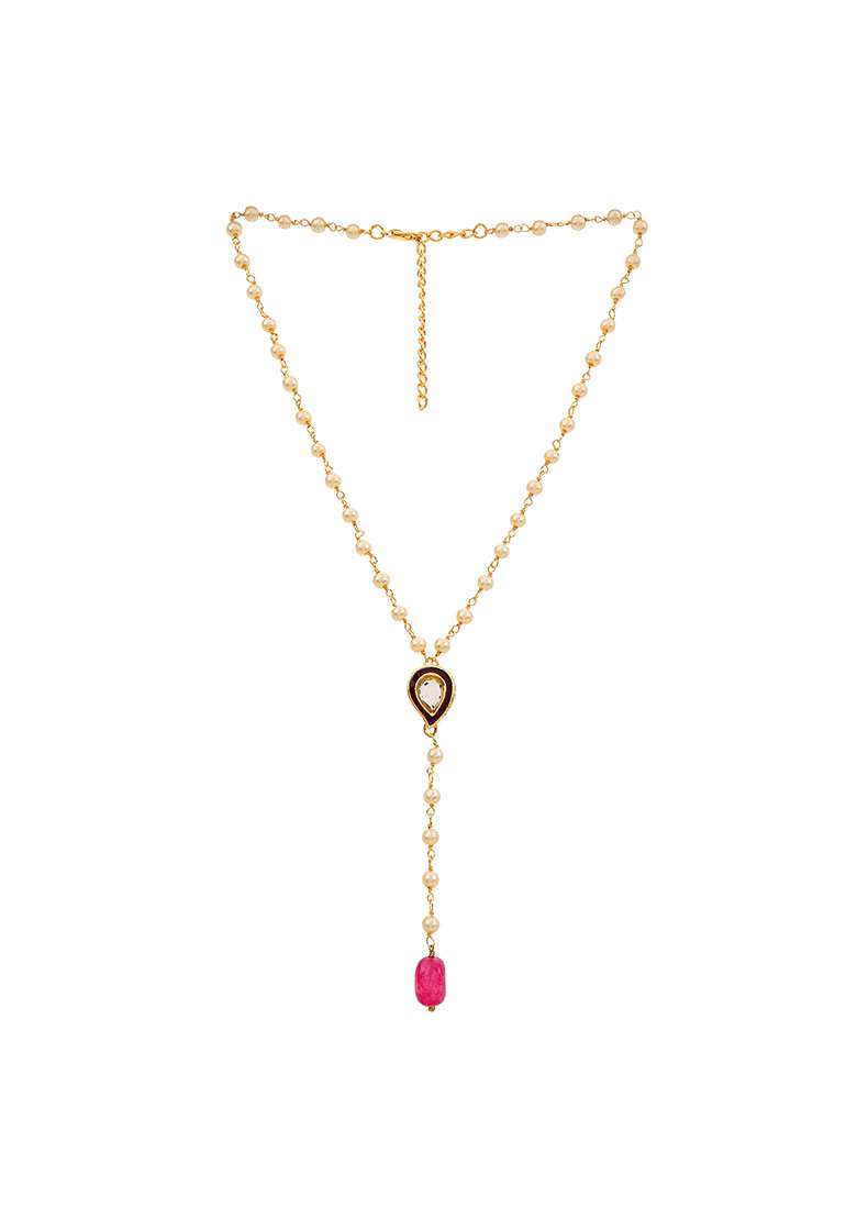 22Kt Gold Plated Purple Enamel Kundan Pearl Chain Set  - Indya