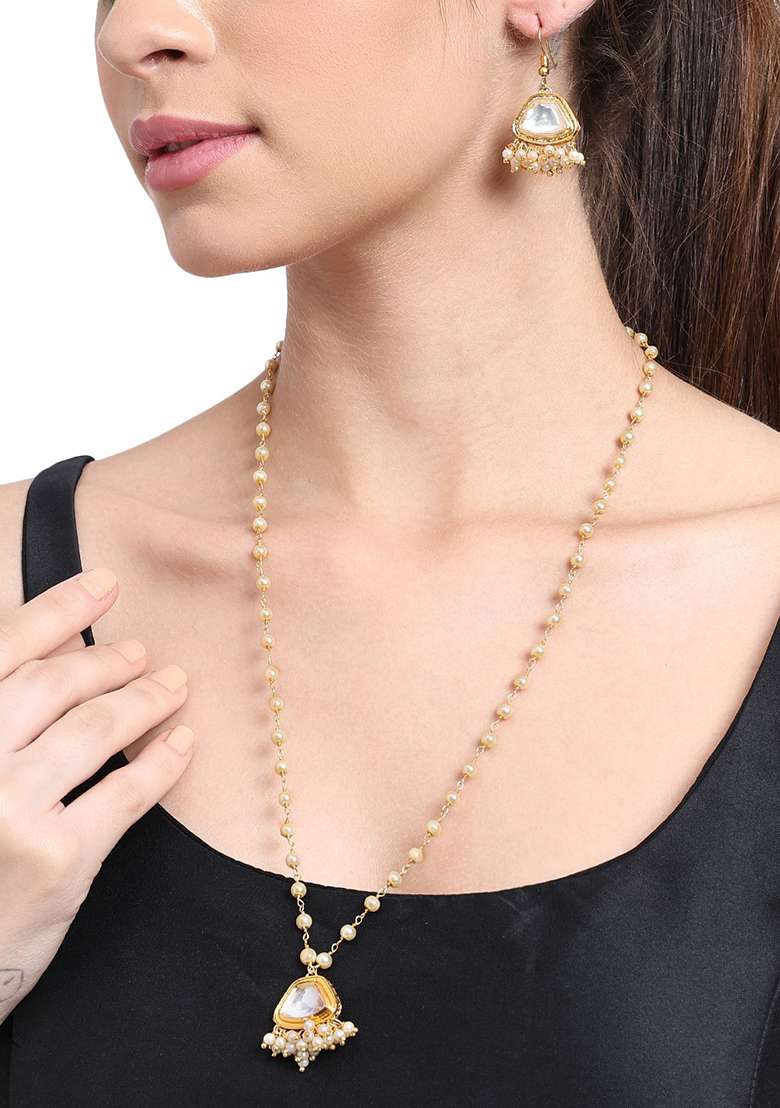 22Kt Gold Plated Trapezoid Kundan Pearl Chain Set - Indya