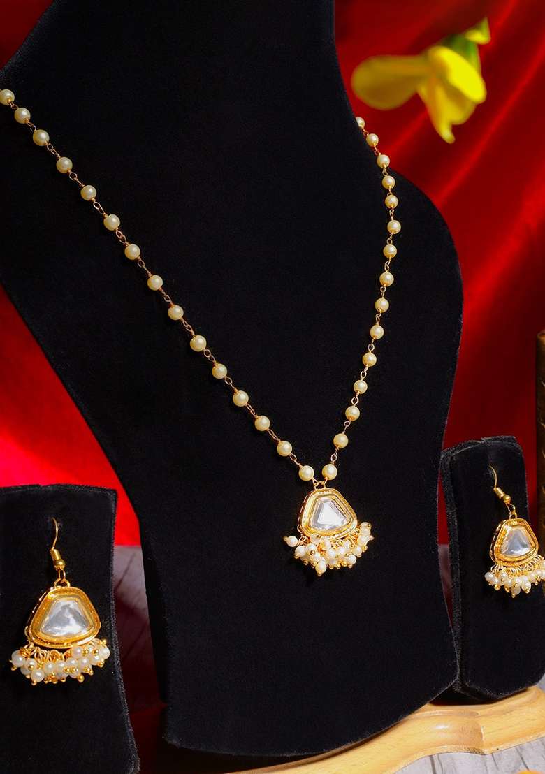 22Kt Gold Plated Trapezoid Kundan Pearl Chain Set - Indya