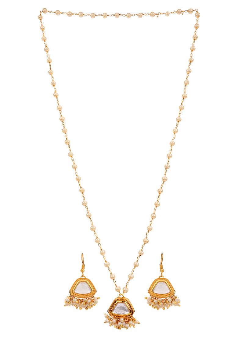 22Kt Gold Plated Trapezoid Kundan Pearl Chain Set