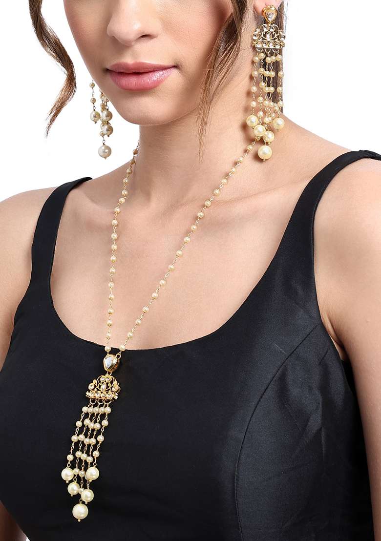 22Kt Gold Plated Kundan And Pearl Cascade Necklace Set - Indya
