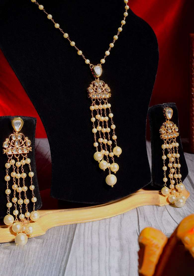 22Kt Gold Plated Kundan And Pearl Cascade Necklace Set - Indya