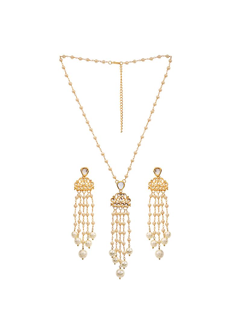 22Kt Gold Plated Kundan And Pearl Cascade Necklace Set