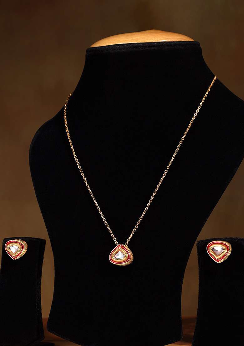 22Kt Gold Plated Red Enameled Pendant Set - Indya