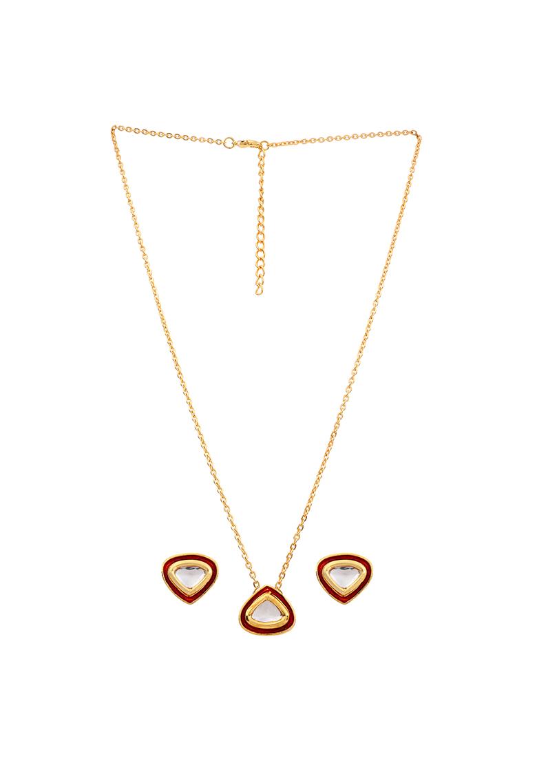 22Kt Gold Plated Red Enameled Pendant Set