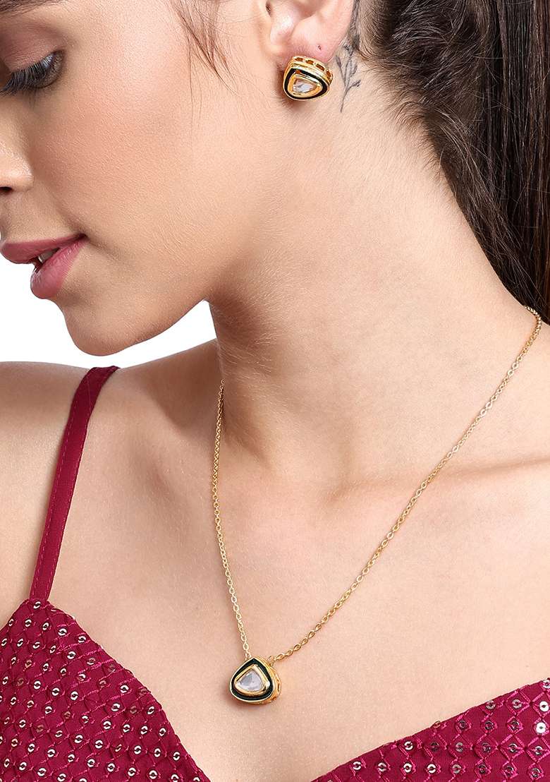 22Kt Gold Plated Green Enameled Pendant Set - Indya