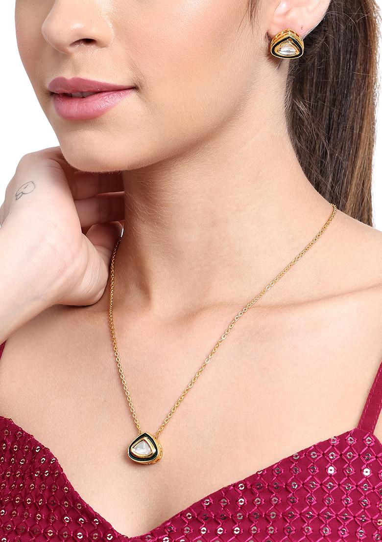 22Kt Gold Plated Green Enameled Pendant Set