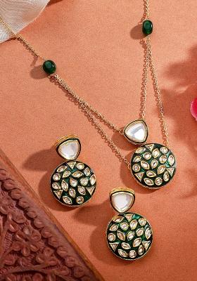22Kt Gold Plated Green Polki Necklace Set