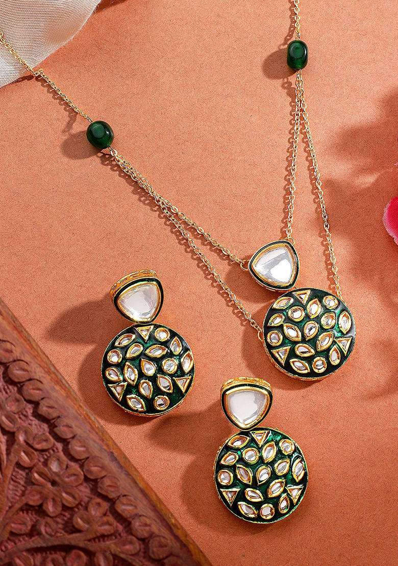 22Kt Gold Plated Green Polki Necklace Set - Indya