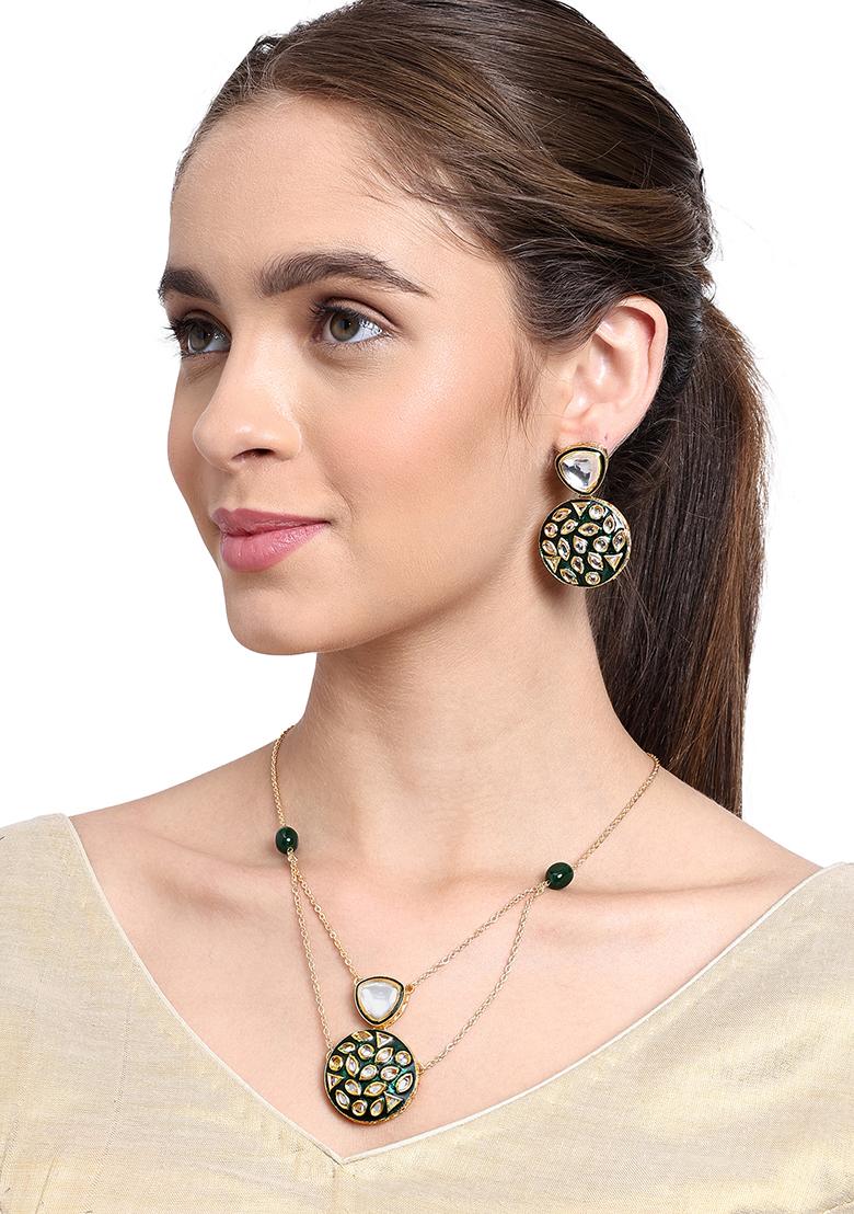 22Kt Gold Plated Green Polki Necklace Set