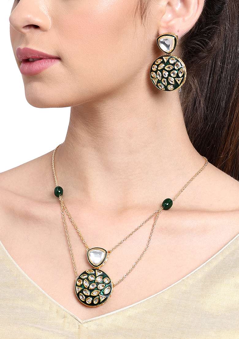 22Kt Gold Plated Green Polki Necklace Set - Indya