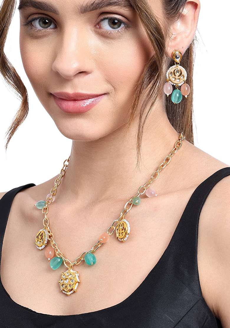 22Kt Gold Plated Multi Colored Kundan Chain Necklace - Indya
