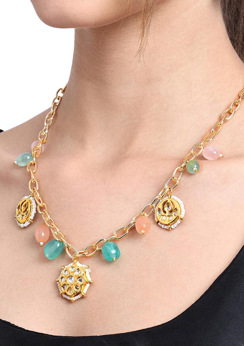 22Kt Gold Plated Multi Colored Kundan Chain Necklace