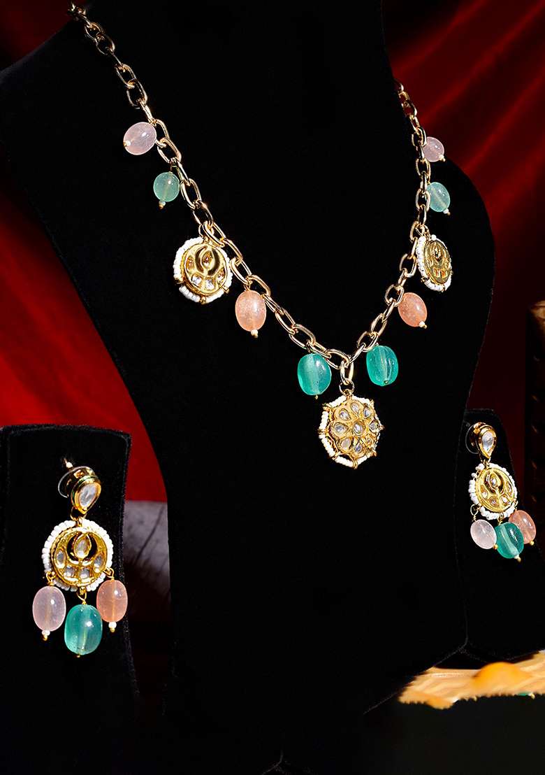 22Kt Gold Plated Multi Colored Kundan Chain Necklace - Indya