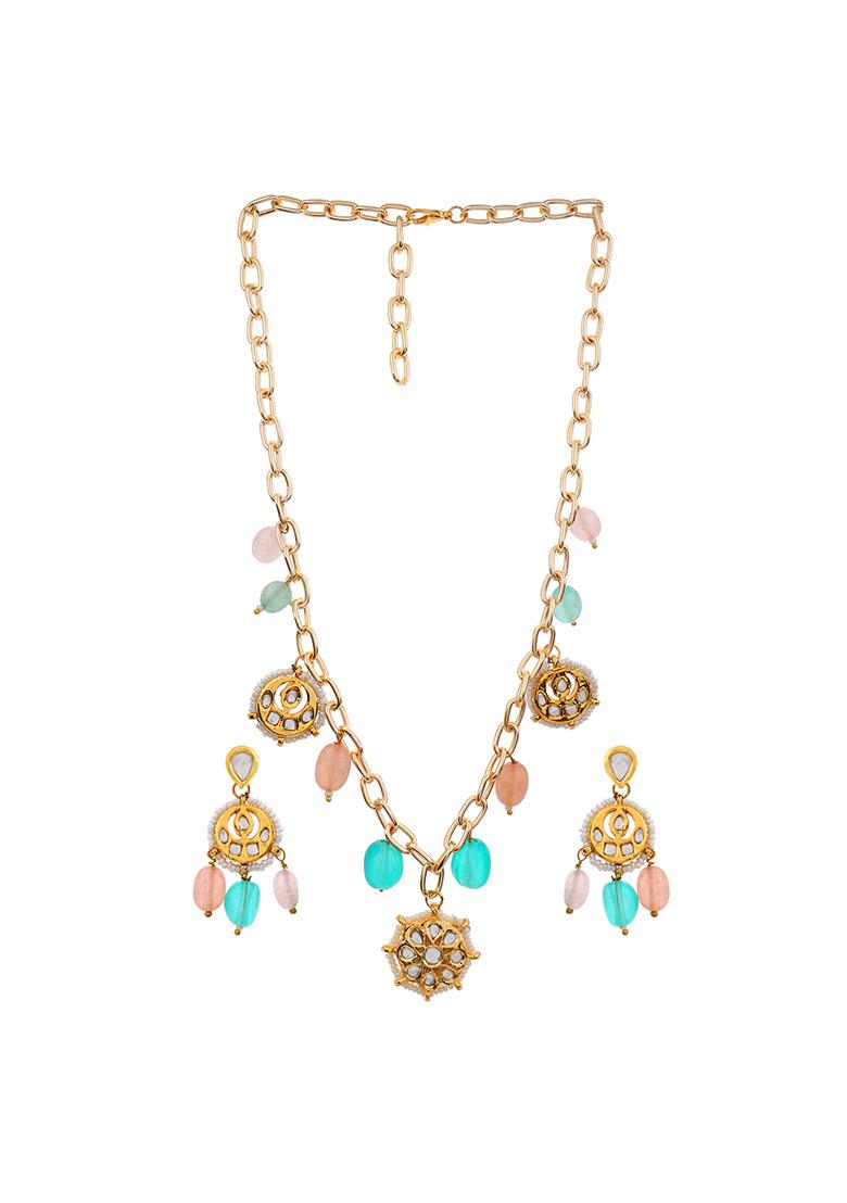 22Kt Gold Plated Multi Colored Kundan Chain Necklace