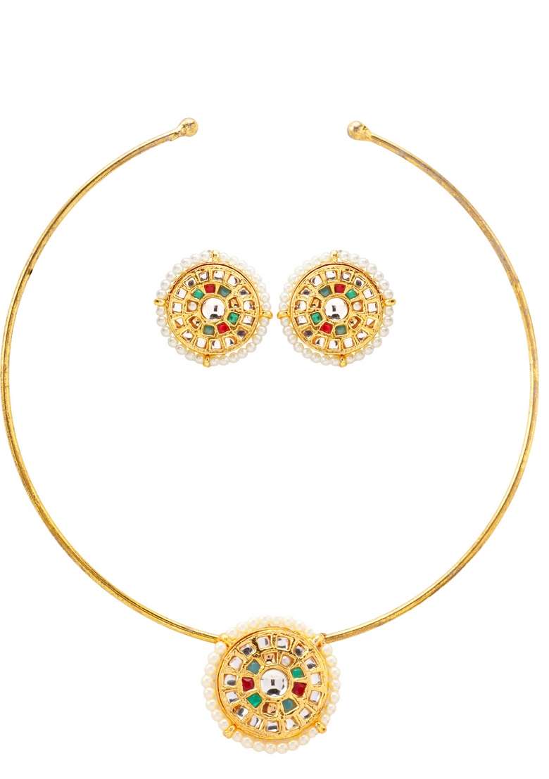 22Kt Gold Plated Navrattan Hasli - Indya