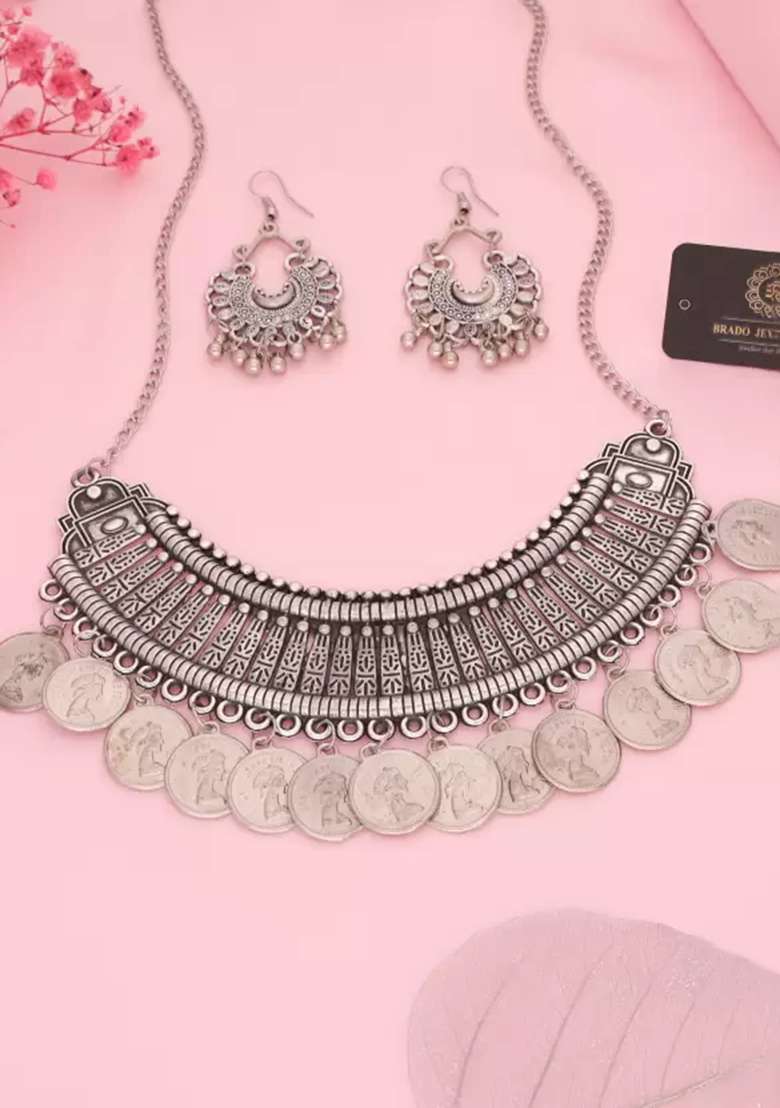 Silver Plated Silver Choker Alloy Necklace Set - Indya