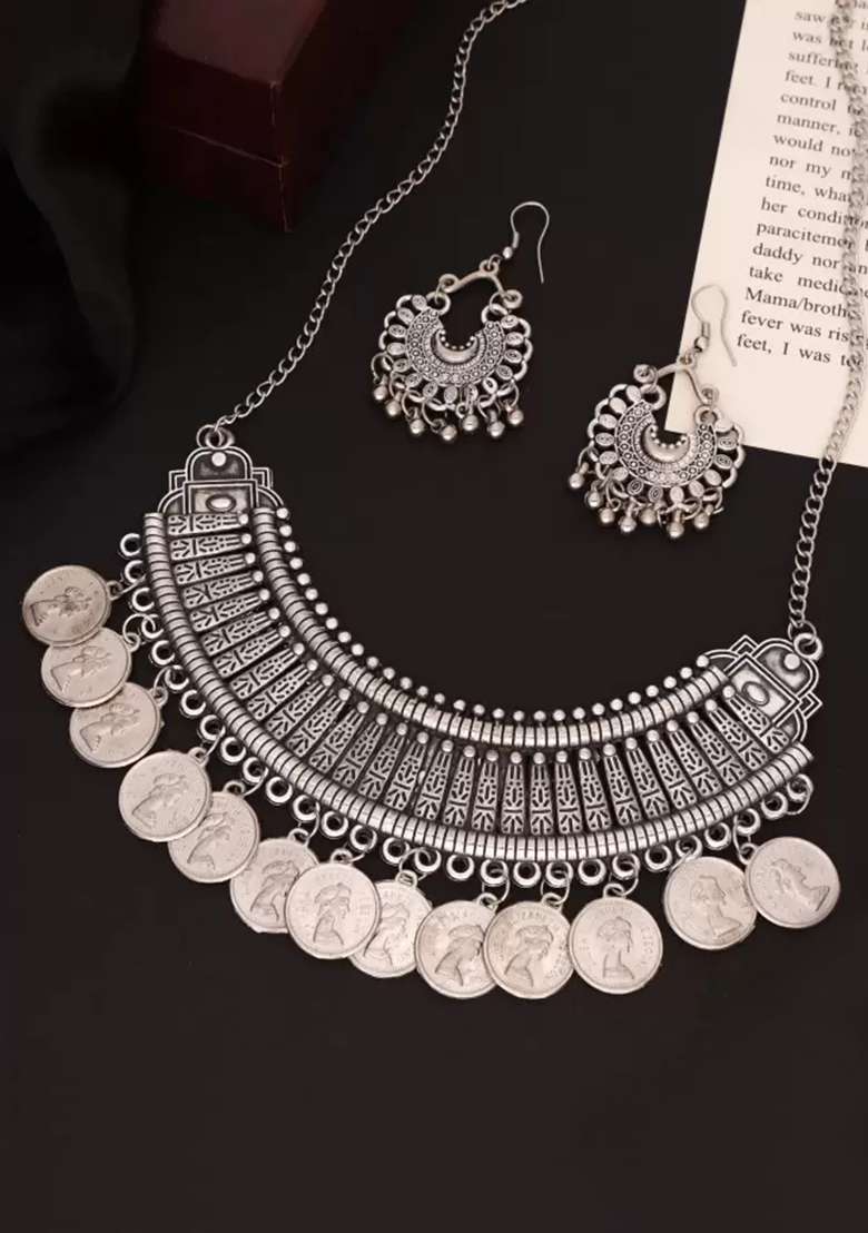Silver Plated Silver Choker Alloy Necklace Set - Indya